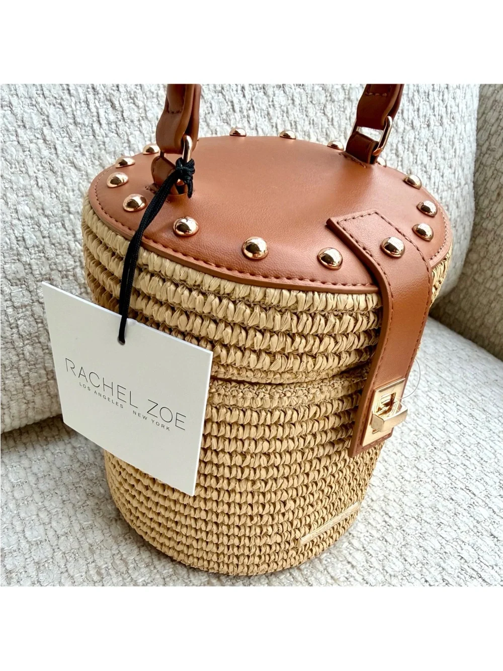 Rachel Zoe Woven Straw Cylinder Vanity Bucket Bag Crossbody Top Handle Studded - Picture 8 of 10